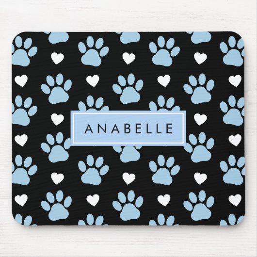 Muster, blaue Paws, weiße Herzen, Ihr Name Mousepad (Vorne)