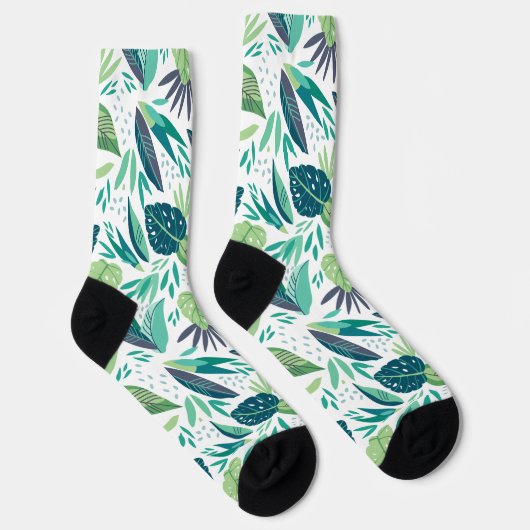 Muster botanisches Grün/Weiße Blätter Socken (Rechts)