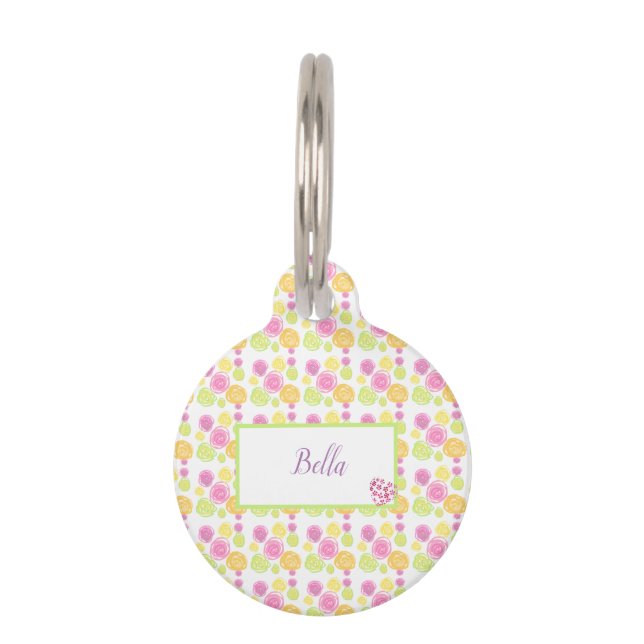 Muster Chic Rose Einfach Rosa Grün Haustiermarke (Vorderseite)