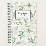 Muster der Aquarellwiesen und der weißen Blume Planer<br><div class="desc">Schreiben Sie Ihre Pläne und Zeitplan mit diesem grünen Notizbuch. Es zeigt Aquarellbilder von weißen Blume,  Eukalyptus und anderem Blattwerk. Personalisieren Sie diese,  indem Sie Ihren Namen oder Ihre kurze Phrase hinzufügen. Dieser Blumenplaner ist ein personalisiertes Geschenk. Matching-Elemente sind verfügbar.</div>
