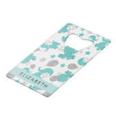 Muster der blauen Elefanten, Sterne, Ihr Name Geldbeutel Flaschenöffner (Vorderseite Schrägansicht)