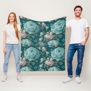 Muster der blauen Peonies auf grünem Hintergrund Fleecedecke