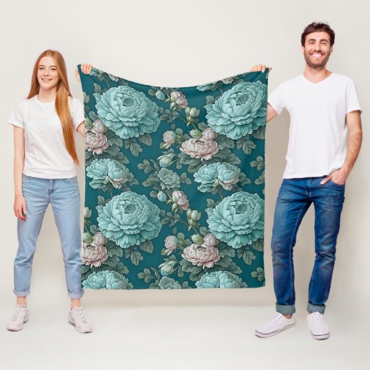 Muster der blauen Peonies auf grünem Hintergrund Fleecedecke (Beispiel)