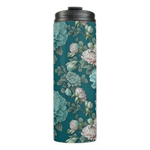 Muster der blauen Peonies auf grünem Hintergrund Thermosbecher