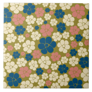 Muster der Blume - Blau, Olivgrün, Rosa und Creme Fliese