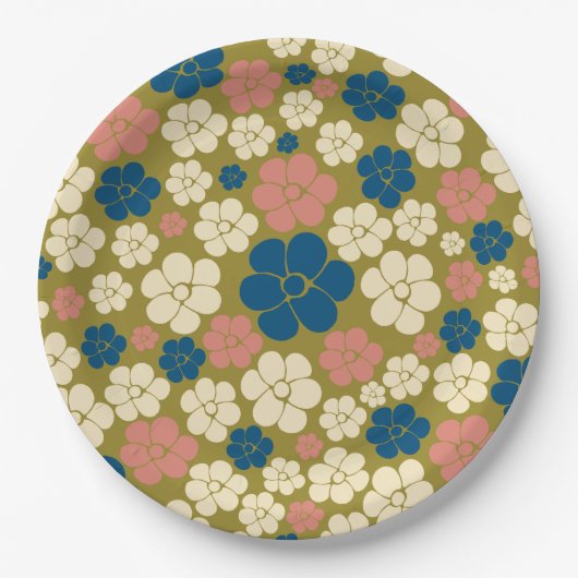 Muster der Blume - Blau, Olivgrün, Rosa und Creme Pappteller (Vorderseite)