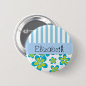 Muster der Blume, blaue Streifen, Ihr Name Button (Vorne & Hinten)