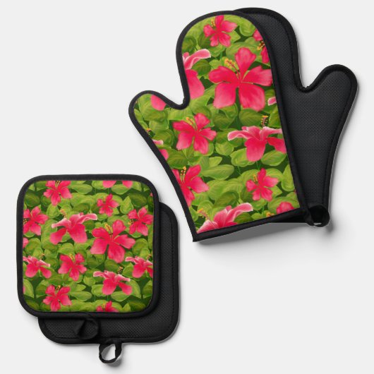 Muster der Blume des rosa hawaiianischen Hibiskus Ofenhandschuh & Topflappen-Set (Vorderseite/Rückseite)