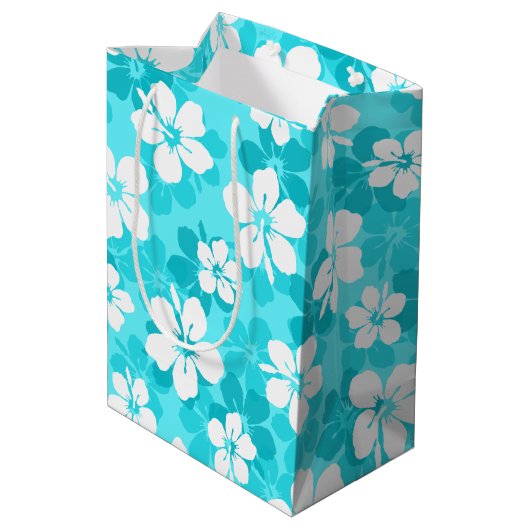 Muster der Blume des tropischen blauen Hibiskus Mittlere Geschenktüte (Rückseite Schrägansicht)