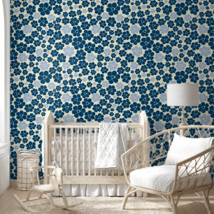 Muster der Blume - Dunkelblau, hellblau und cremef Tapete