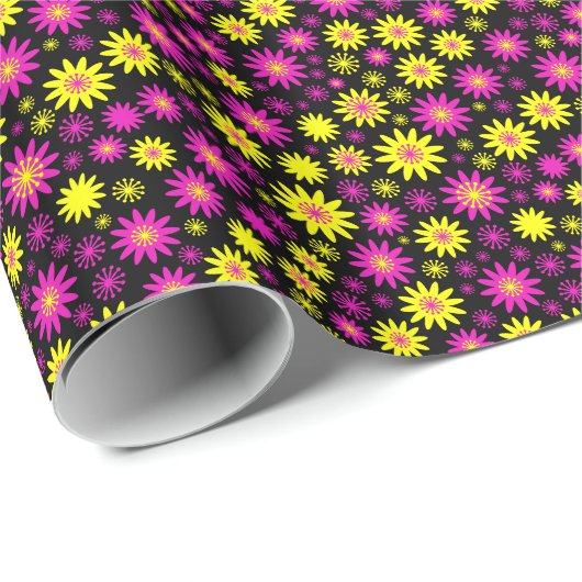Muster der Blume - Heiß rosa, Gelb und Schwarz Geschenkpapier (Rolleneckpunkt)
