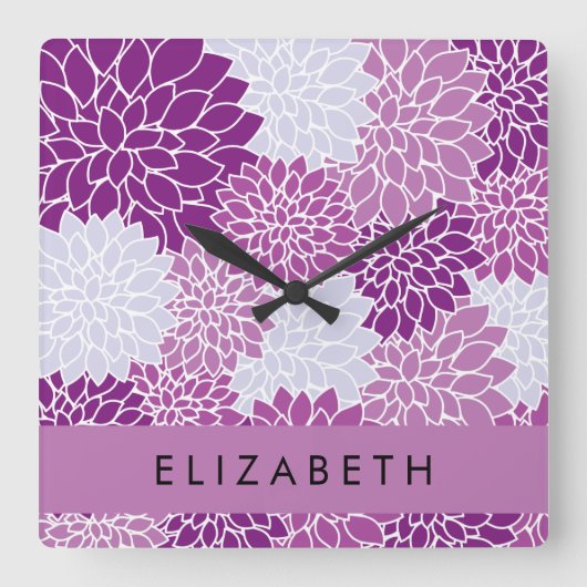 Muster der Blume, Lila Dahlia, Ihr Name Quadratische Wanduhr (Vorderseite)