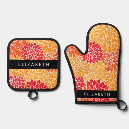 Muster der Blume, Orange Dahlia, Ihr Name Ofenhandschuh & Topflappen-Set (Vorderseite)