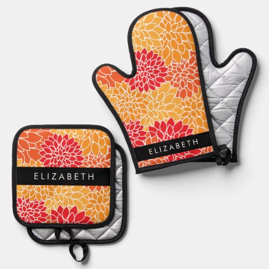 Muster der Blume, Orange Dahlia, Ihr Name Ofenhandschuh & Topflappen-Set (Vorderseite/Rückseite)