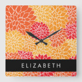 Muster der Blume, Orange Dahlia, Ihr Name Quadratische Wanduhr (Vorderseite)