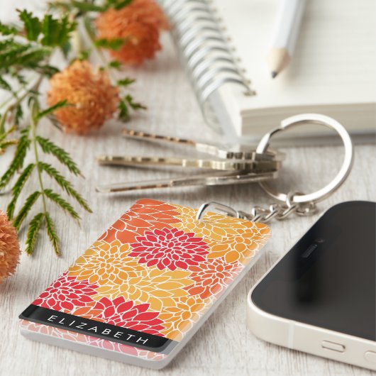 Muster der Blume, Orange Dahlia, Ihr Name Schlüsselanhänger (Vorderseite rechts)