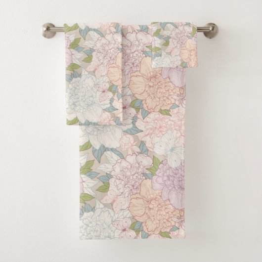 Muster der Blume Pastel Peony & Butterfly Badhandtuch Set (Insitu)