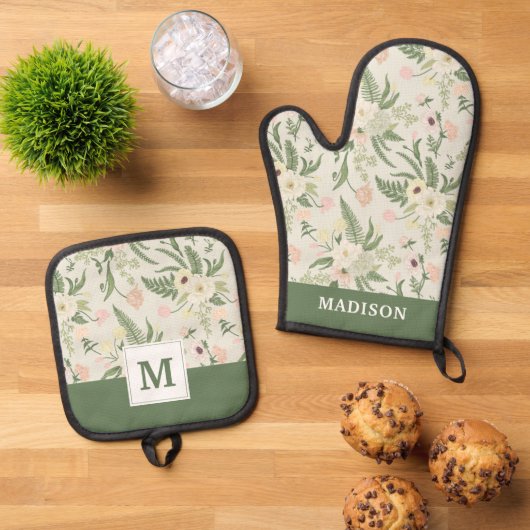 Muster der Blume "Soft Minze Green Garden" Ofenhandschuh & Topflappen-Set (Oben Unten)