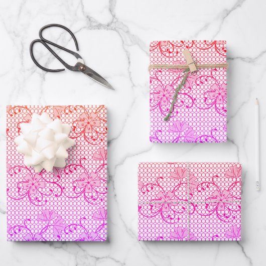 Muster der Blumenmuster in Rosa und Orange Geschenkpapier Set (Vorderseite)