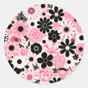 Muster der botanischen Blume in Rosa und Schwarz Runder Aufkleber