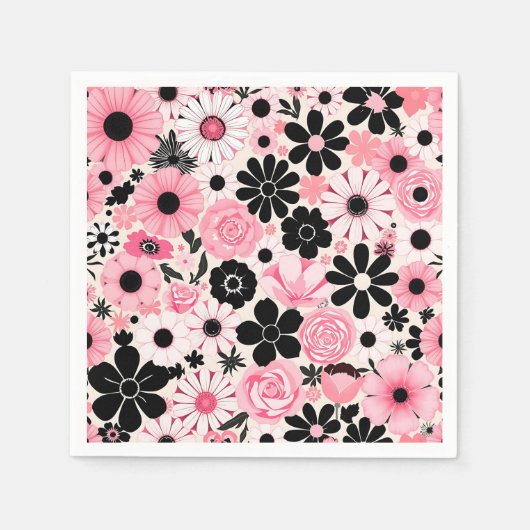 Muster der botanischen Blume in Rosa und Schwarz Serviette (Vorderseite)