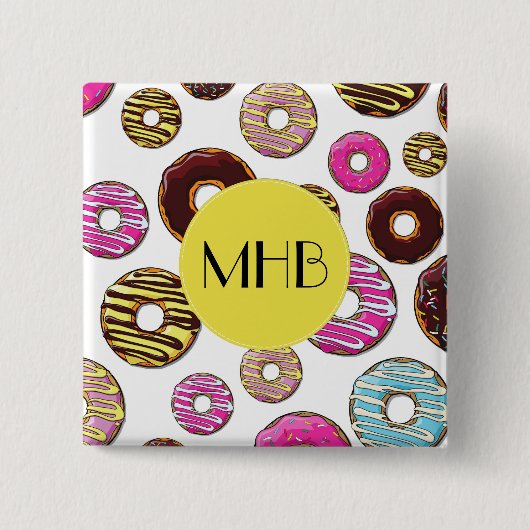 Muster der Donuts, farbenfrohe Donuts, Monogramm Button (Vorderseite)