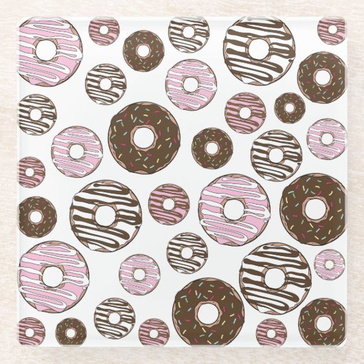 Muster der Donuts, rosa Donuts, braune Donuts Glasuntersetzer (Vorderseite)
