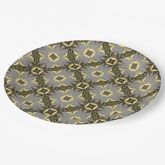 Muster der gelben, grauen und schwarzen Blume Pappteller (Schrägansicht)