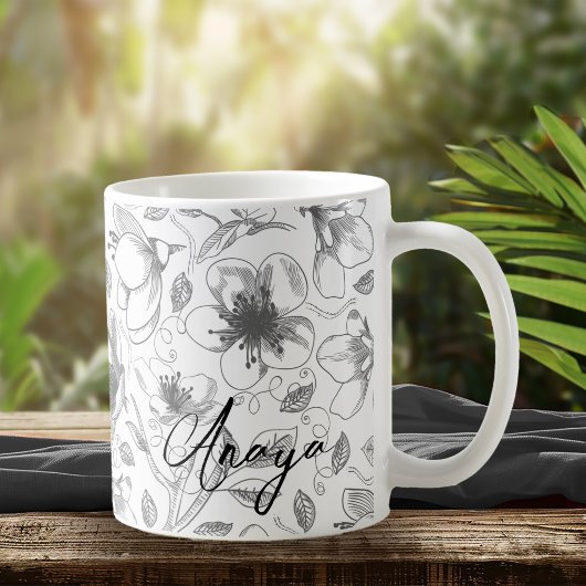 Muster der gezeichneten floralen Kontur Grau/Wht I Kaffeetasse