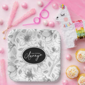 Muster der gezeichneten floralen Kontur Grau/Wht I Pappteller (Party)