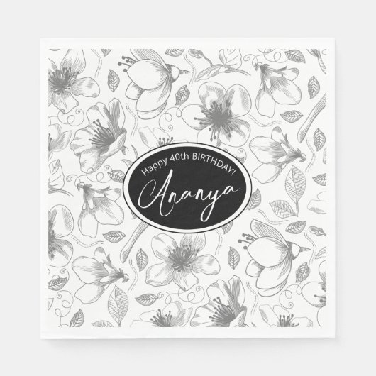 Muster der gezeichneten floralen Kontur Grau/Wht I Serviette (Vorderseite)