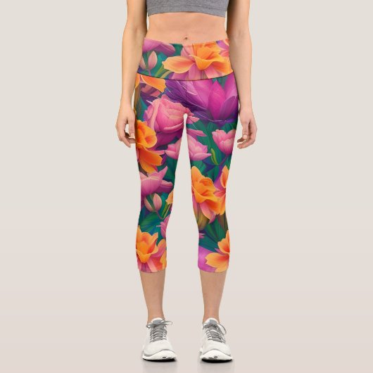 Muster der hawaiianischen tropischen Blume Capri Leggings (Vorderseite)