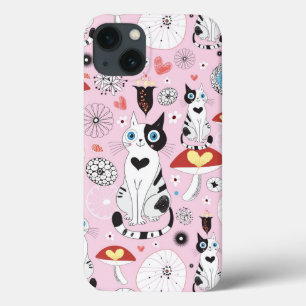 Muster der Katzen und der Blumen iPhone 13 Hülle