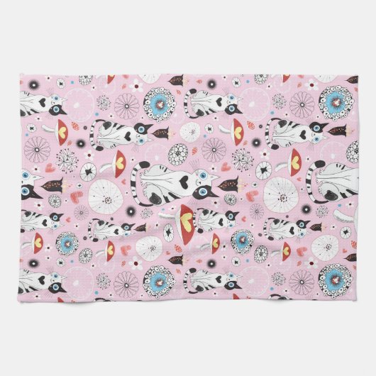 Muster der Katzen und der Blumen Geschirrtuch (Horizontal)