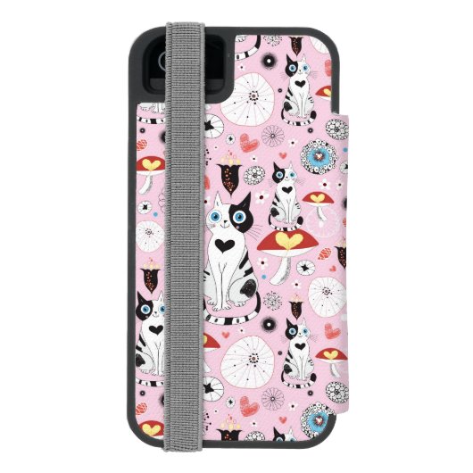 Muster der Katzen und der Blumen Incipio iPhone Geldbeutel-Hülle (Folio Rückseite)