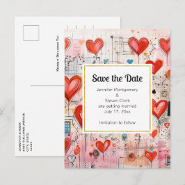 Muster der Liebe mit rotem Herzen Save the Date Einladungspostkarte