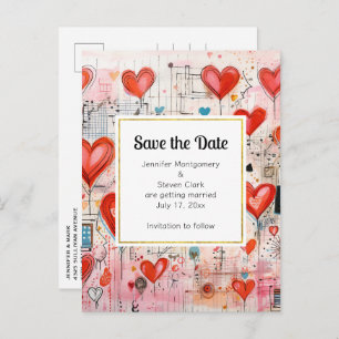 Muster der Liebe mit rotem Herzen Save the Date Einladungspostkarte