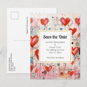 Muster der Liebe mit rotem Herzen Save the Date Einladungspostkarte