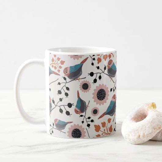 Muster der Muster "Chickadee Bird and Berry Floral Kaffeetasse (Mit Donut)