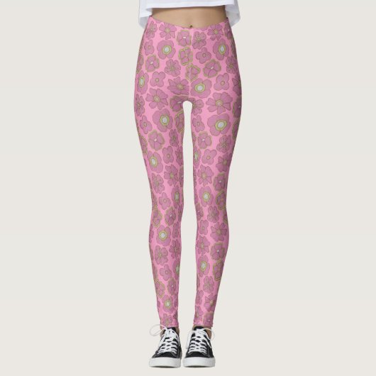 Muster der niedlich rosa Retro-Blume Leggings (Vorderseite)