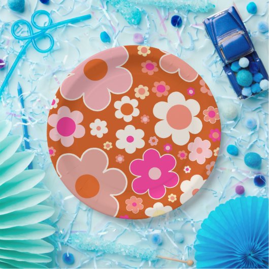 Muster der Retro-Blume in orangefarbenem Pfirsichf Pappteller (Party)