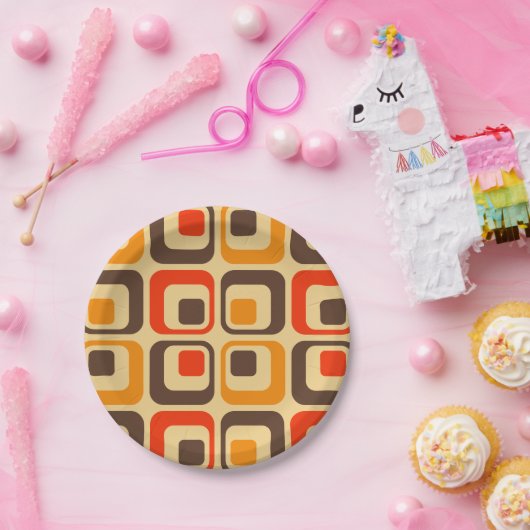 Muster der Retro-Quadrate - rot, braun und orange Pappteller (Party)