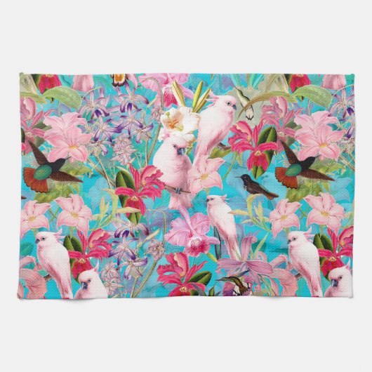 Muster der rosa Tropenvogel und der orchitischen B Geschirrtuch (Horizontal)