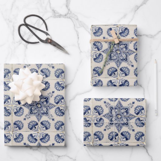 Muster der Vintagen blauen geometrischen Blume Geschenkpapier Set (Vorderseite)