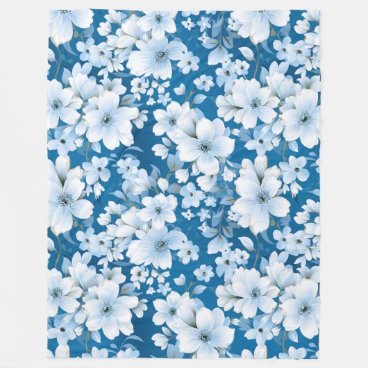 Muster der weißen Blume, blauer Hintergrund, Fleecedecke (Vorderseite)