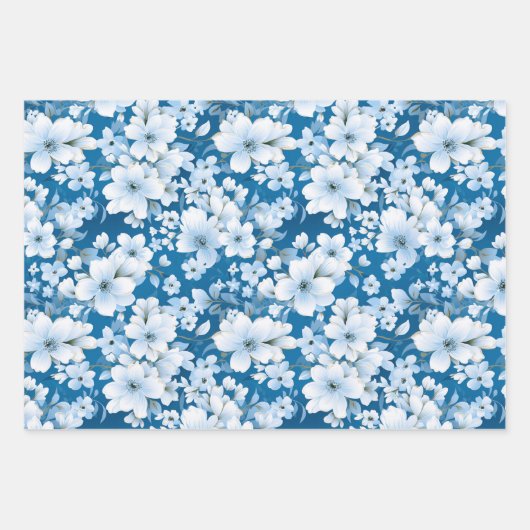 Muster der weißen Blume, blauer Hintergrund, Geschenkpapier Set (Vorderseite 3)