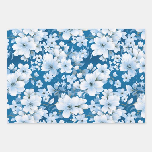 Muster der weißen Blume, blauer Hintergrund, Geschenkpapier Set (Vorderseite 2)