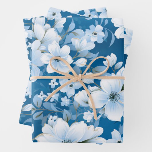 Muster der weißen Blume, blauer Hintergrund, Geschenkpapier Set (Beispiel)