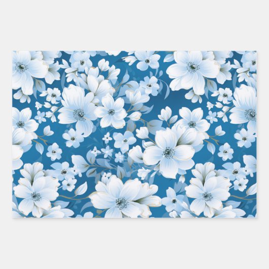 Muster der weißen Blume, blauer Hintergrund, Geschenkpapier Set (Vorderseite)