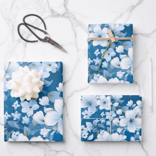 Muster der weißen Blume, blauer Hintergrund, Geschenkpapier Set (Vorderseite)